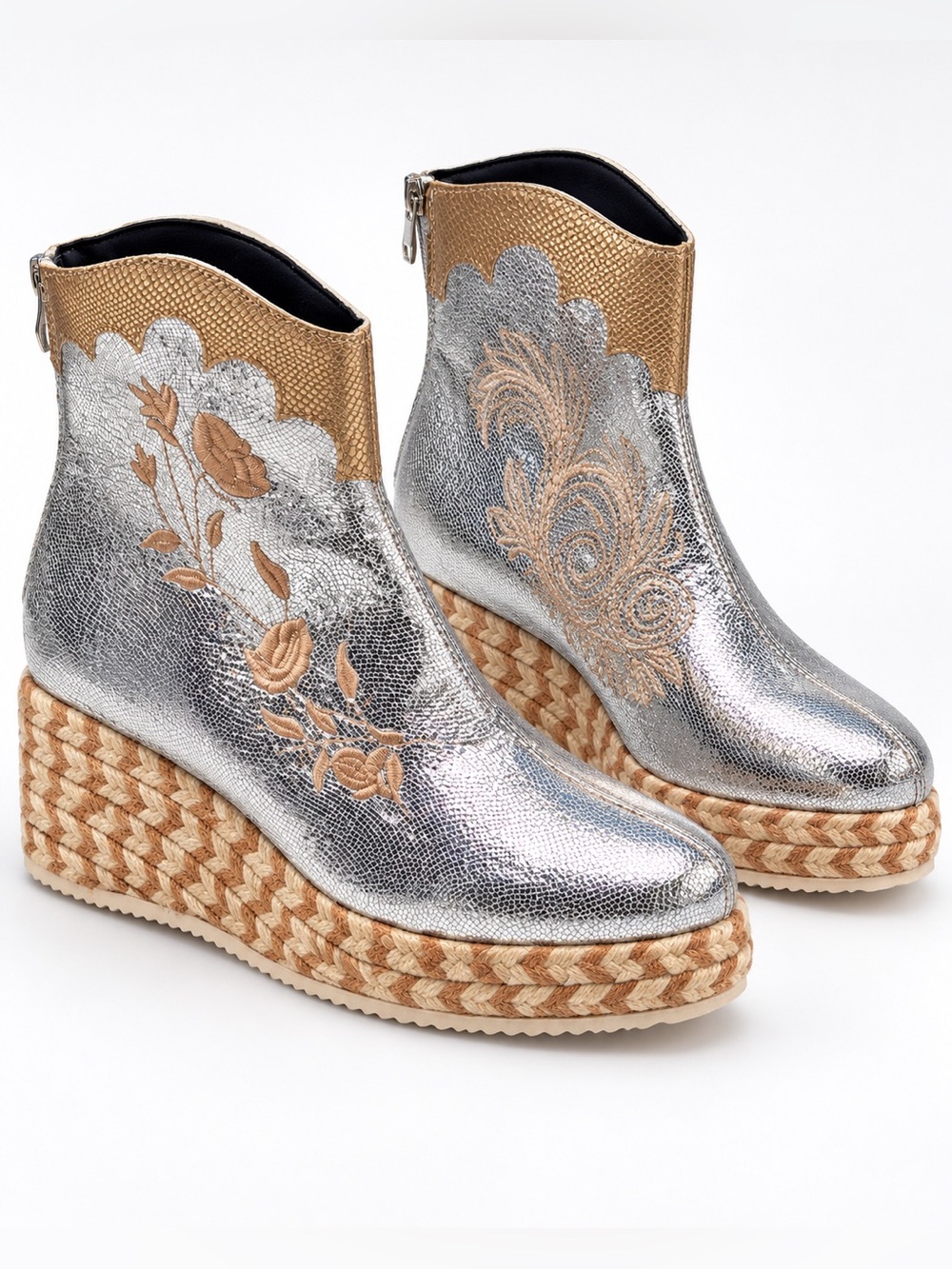 Metallic Silver Embroidered Espadrille Wedge Ankle Boots size 6